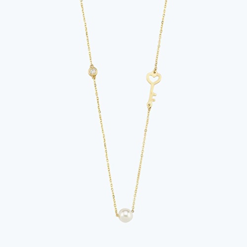 0.02 Karat Pırlanta İncili Anahtar Kalp Kolye