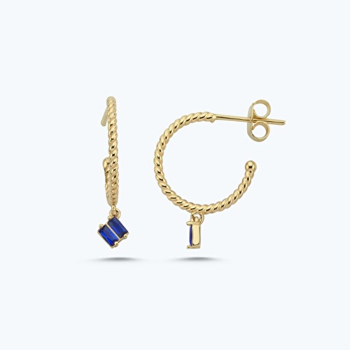 Altın Marin Lacivert Taşlı Halka Küpe