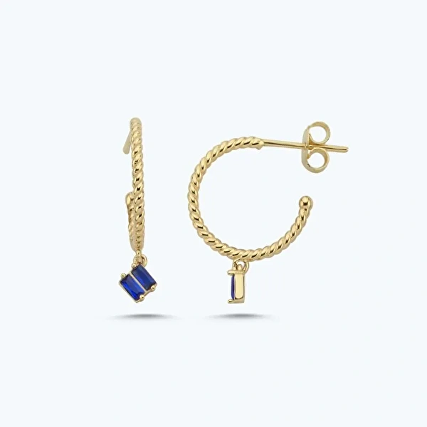 Altın Marin Lacivert Taşlı Halka Küpe