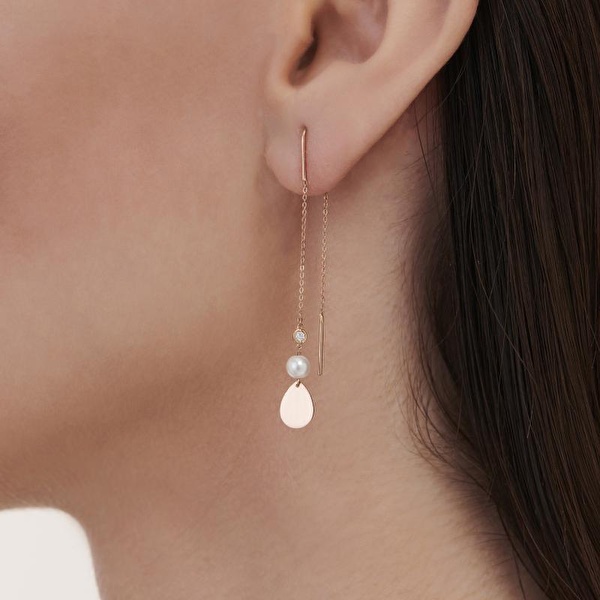 0.04 Karat Pırlanta İncili Damla Küpe