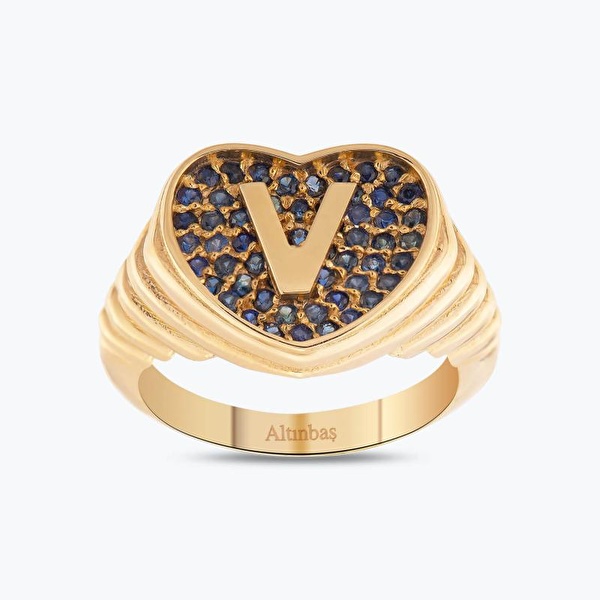 Altın Marin V Harfi Kalp Yüzük