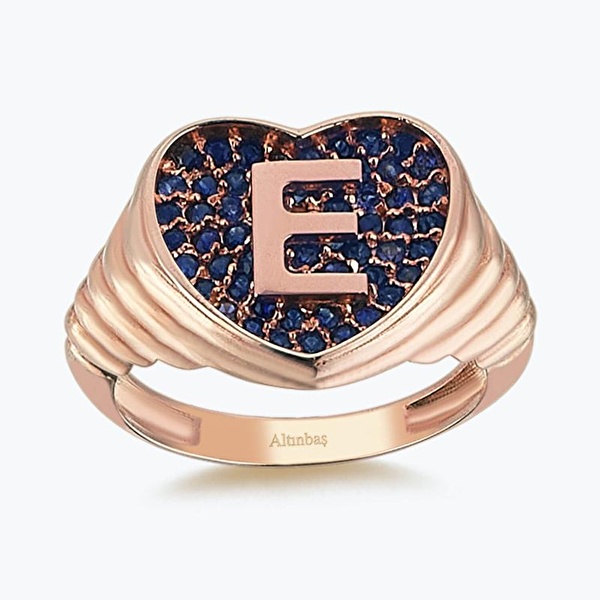 Altın Marin E Harfi Kalp Yüzük