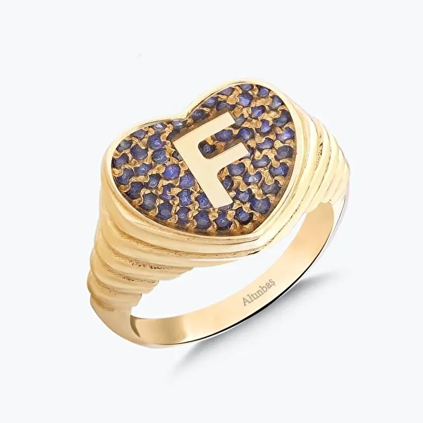 Altın Marin F Harfi Kalp Yüzük