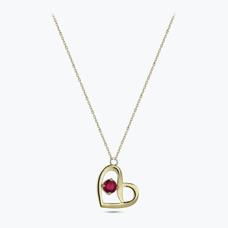 Heart Gold Necklace with red Stone