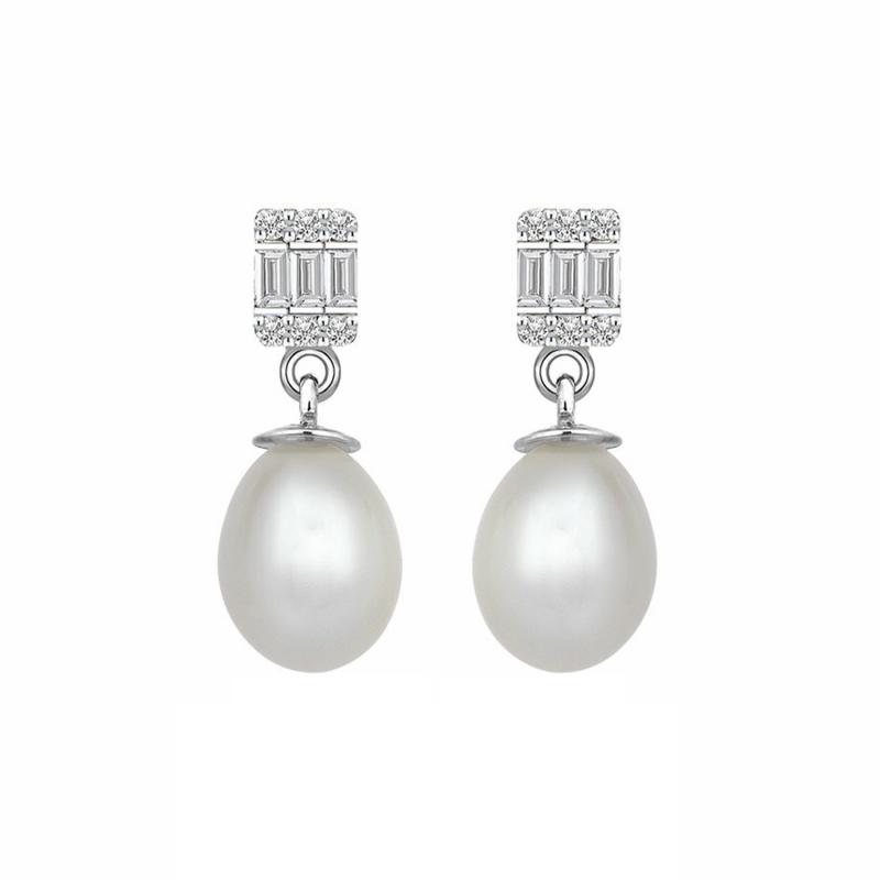 0.15 Carat Baguette Pearl Diamond Earrings
